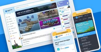 Arrangement of the article homepage with featured gameplay imagery and mobile interface of discussion forum list.